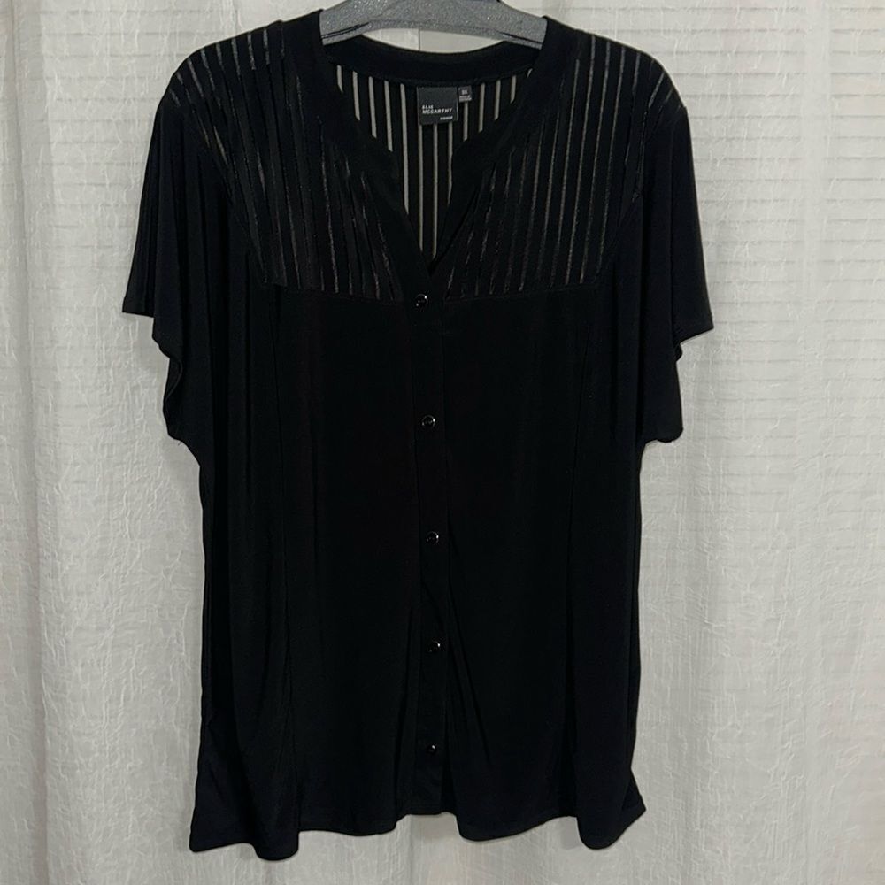ELIE McCARTHY 3X Liquid Jersey Black-Button Blouse Top Stripe Sheer Detail